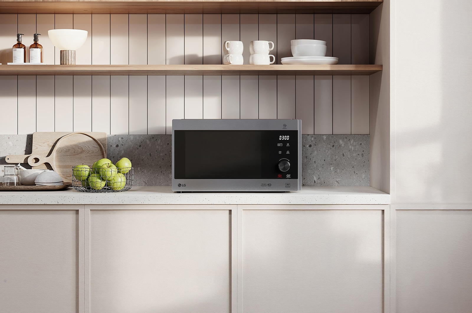 MH6565CPS Grill Microwave Sitting on Beige Countertop and Neutral light and wooden background