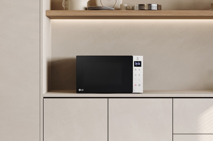 MS2032GASW Grill Microwave Sitting on Beige Countertop and Neutral