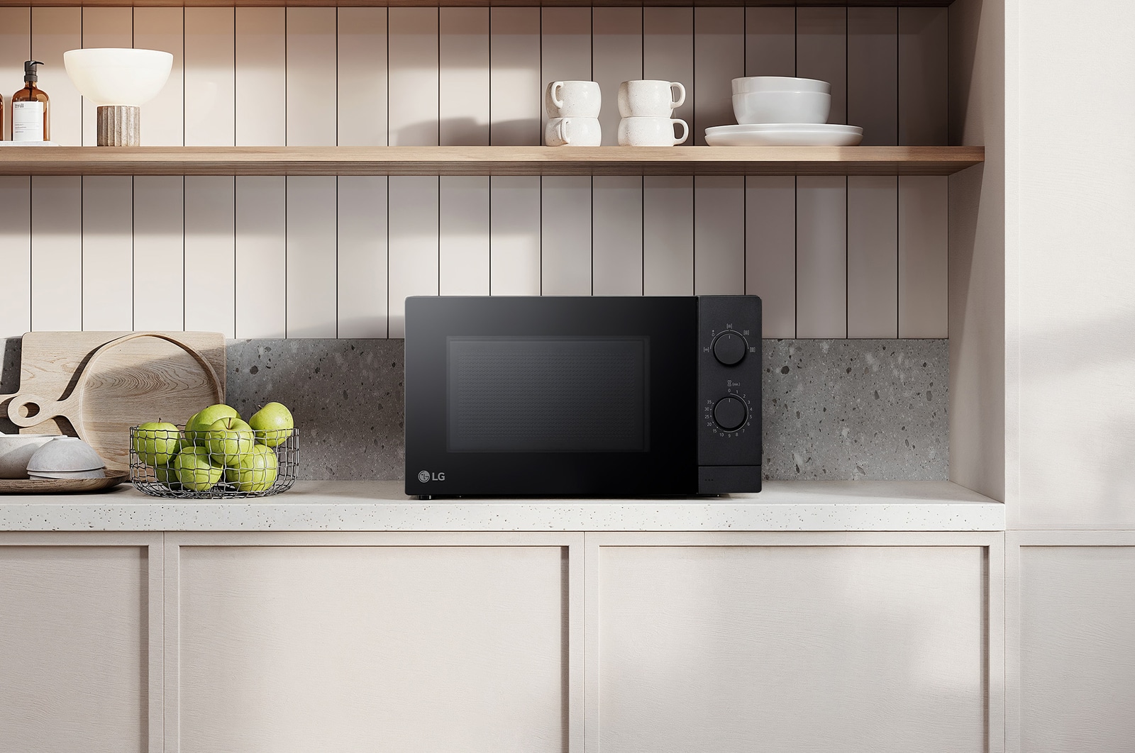 MS2082F Grill Microwave Sitting on Beige Countertop and Neutral