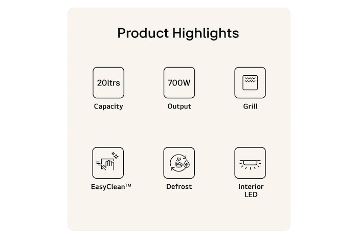 MH6042D Product Highlight Card Showing 20 litres capacity 700W output Grill function easy clean Defrost and Interior LED