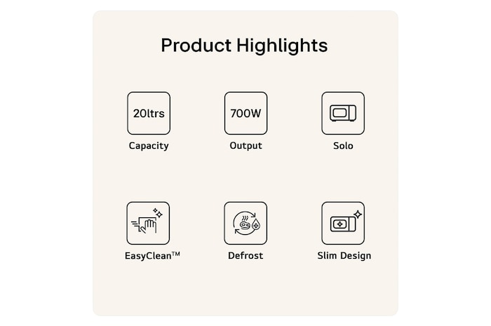 MS2032GASW Product Highlight Card Showing 20 litres capacity 700W output Grill function easy clean Defrost and Interior LED