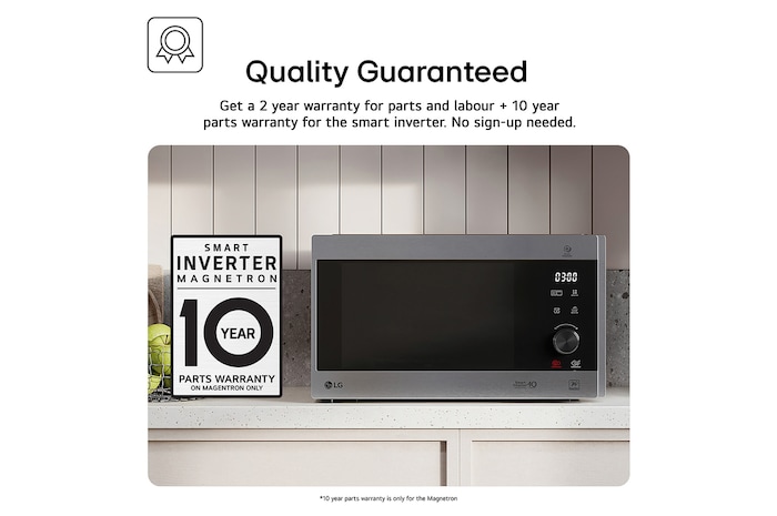 MH6336GIB Feature Card Showing 2 Years Warranty for Part and Labour and 10 Years Warranty on Magnetron only No Sign Up Needed