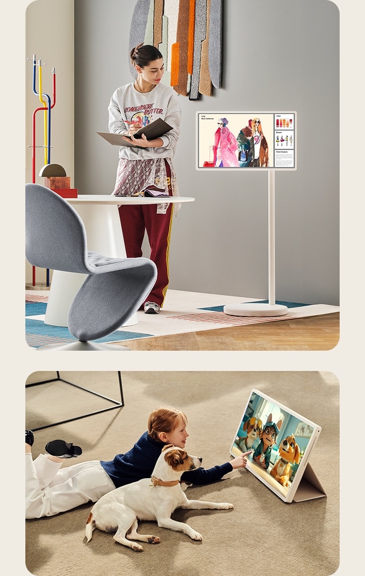 Two different scenes in different homes. In one, a woman is looking at some fashion art boards while writing in her notebook. In the other, a girl accompanied by her dog is watching a show on the LG StanbyME 2.