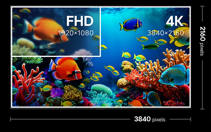 A LG 4K TV screen showing 4K resolution 3840x2160 pixels compared to FHD resolution 1920x1080 pixels. The FHD area appears pixelated, while the 4K area is clearer and more detailed