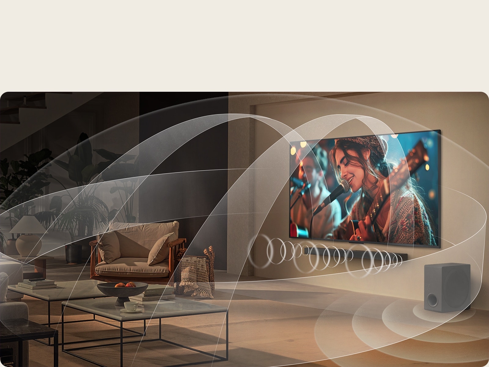 Living room with an LG NanoCell TV and LG Soundbar with graphics representing how both devices fill the space with multi-surround sound.