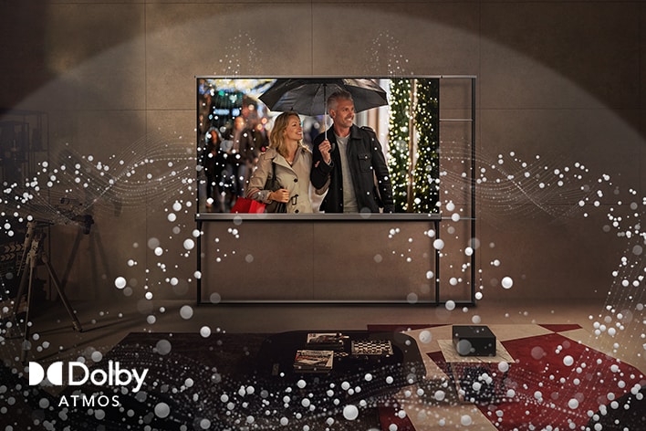 LG OLED TV on a living room wall and abstract circles emitting from the TV and filling the room.