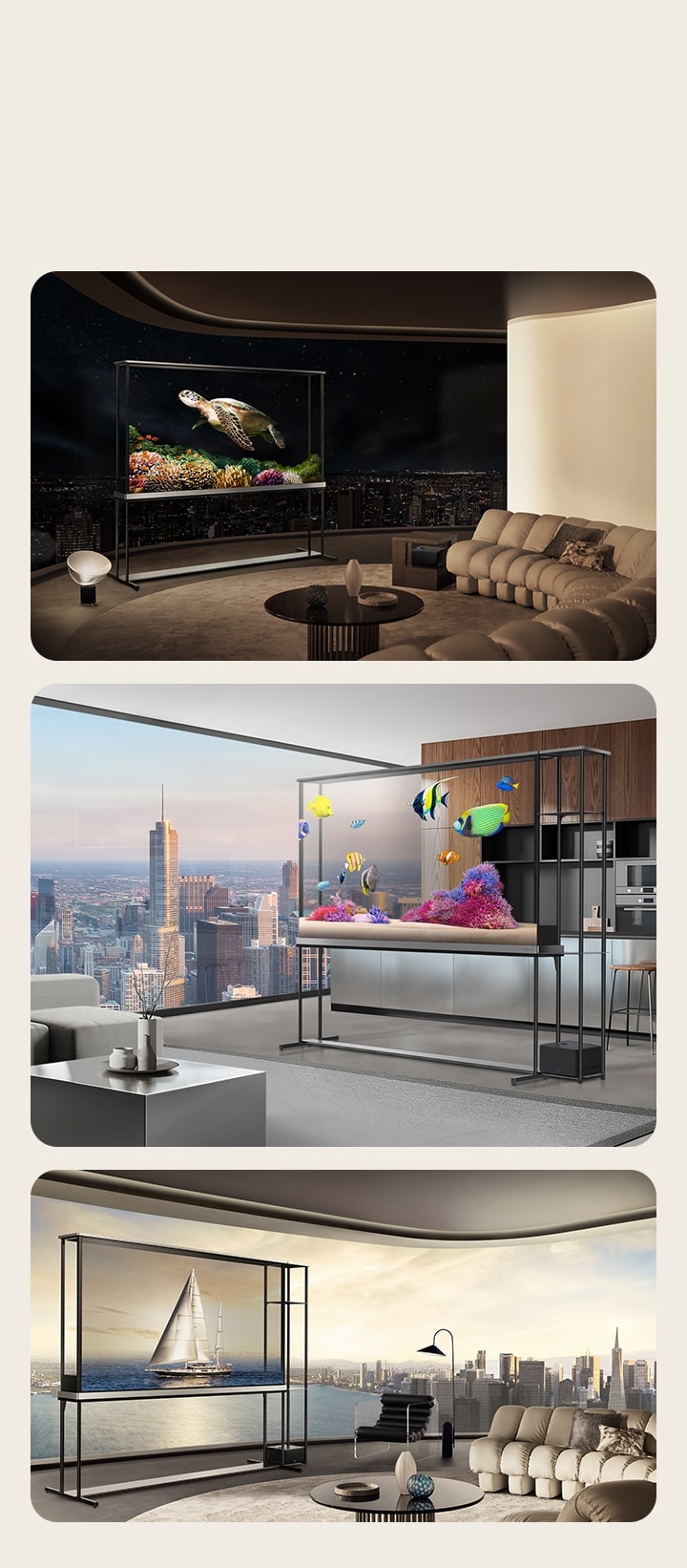 LG Signature OLED T featured in three different living rooms. In each of these beautiful spaces, the LG Signature OLED T is in transparent mode, the visuals on the TV seemingly floating in mid-air, adding a touch of sophistication to the room.