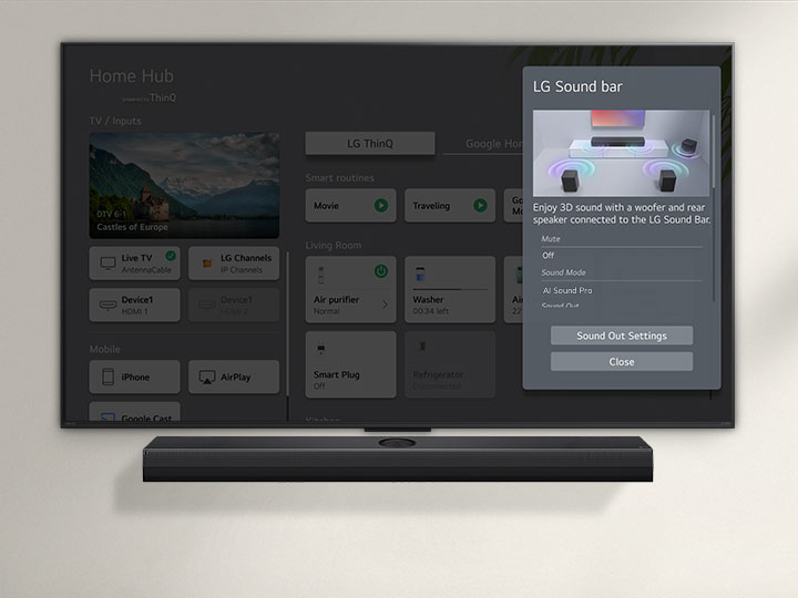 LG Soundbar is below an LG UHD TV. On the TV screen is the UI for the soundbar and TV volume controls.