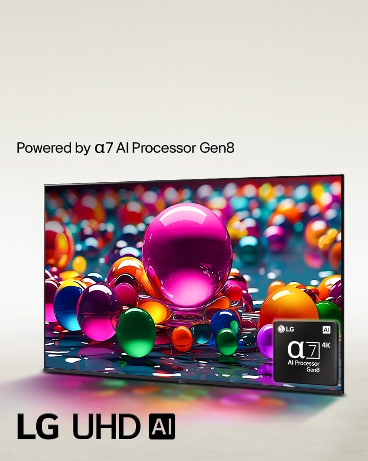 LG UHD TV sits slightly angled facing left and depicts colourful marbles placed in different colors of pink, blue and purple. The alpha 7 4K AI Processor logo is embedded in the bottom right corner of the TV. Logo of LG UHD AI sits on the bottom left corner. Text is also visible, powered by LG alpha AI processor.