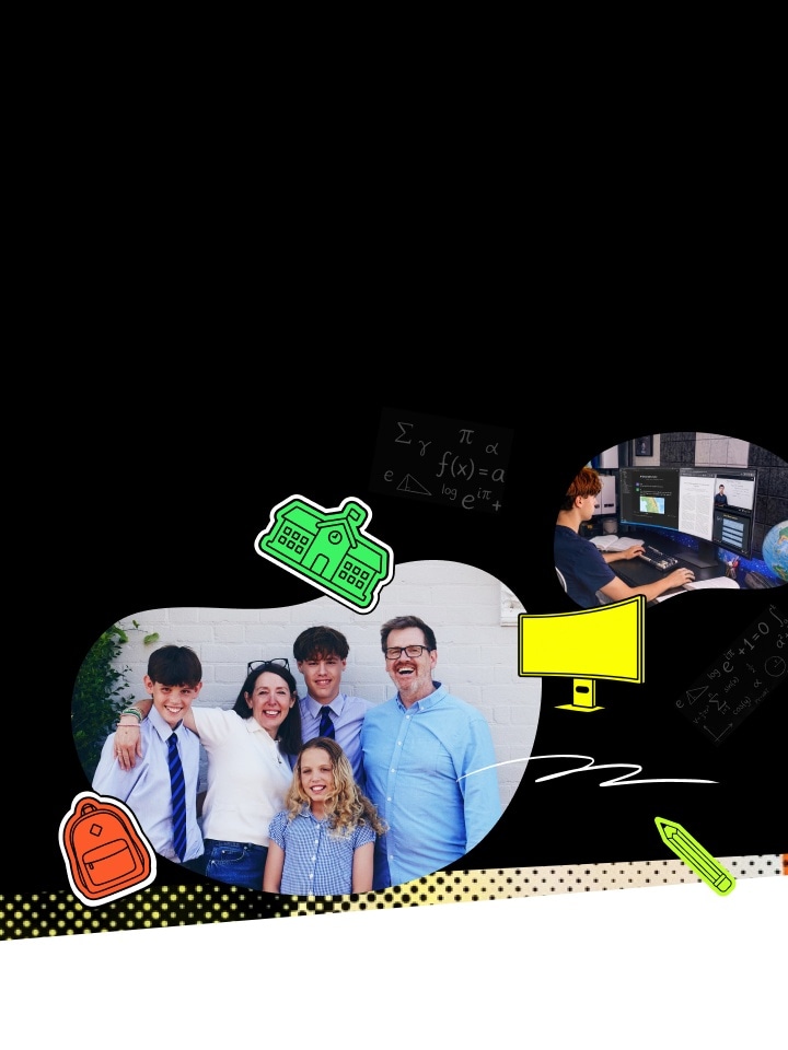 Photograph of a happy family with children in school uniforms and a student studying at a monitor.