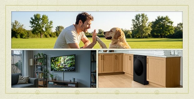 Man spending time with his dog alongside cozy home scenes featuring an LG TV and built-in washer in a warm living space.