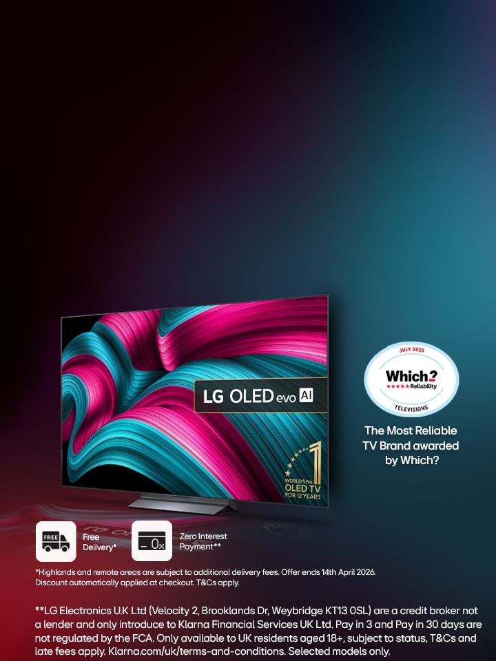 lg oled tv with the promo info for up to 15% off lg tvs along along with the Which? award logo on a dark with hollow blue and red light