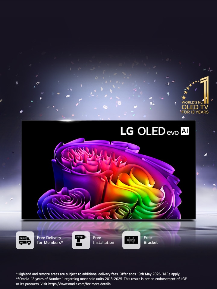 LG 2026 OLED large-screen TV showing vivid colours, with a bright light effect above and a “No.1 OLED TV for 13 years” launch message promoting free installation and wall bracket