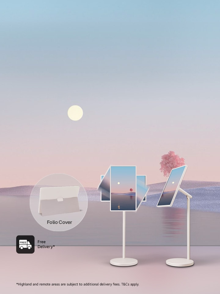 lg stanbyme 2 screen and a folio cover on the light, sunset, desert and colorful clam background with promo message to save £132 when purchase this bundle