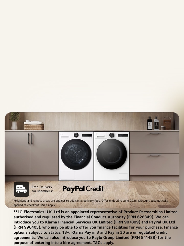 perfectly matched lg washing machine and dryer in a modern light kitchen with up to 40% off on appliance bundles promotional message