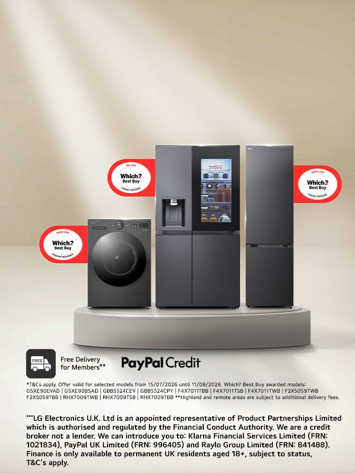 LG award-winning home appliances including a washing machine and refrigerators displayed with Which? Best Buy awards and the message 'Award-Winning Technology'