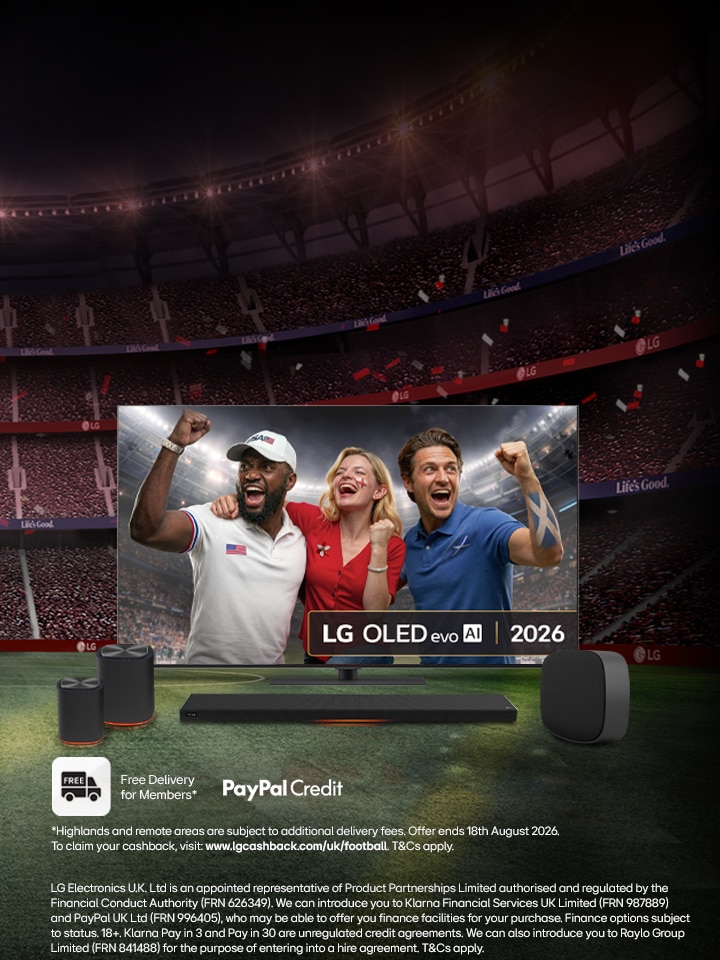 lg oled tv with a screenfill depicting people celebrating football world cup 2026 with an LG sound suite underneath over a picture of a large, moody stadium