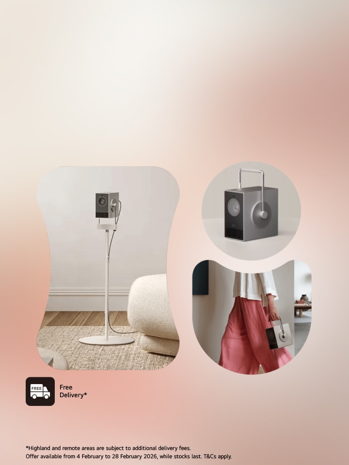 3 spheres showing lg cinebeam q projector on a pinkish gradient background and a promotional message to receive a free stand with each projector purchase