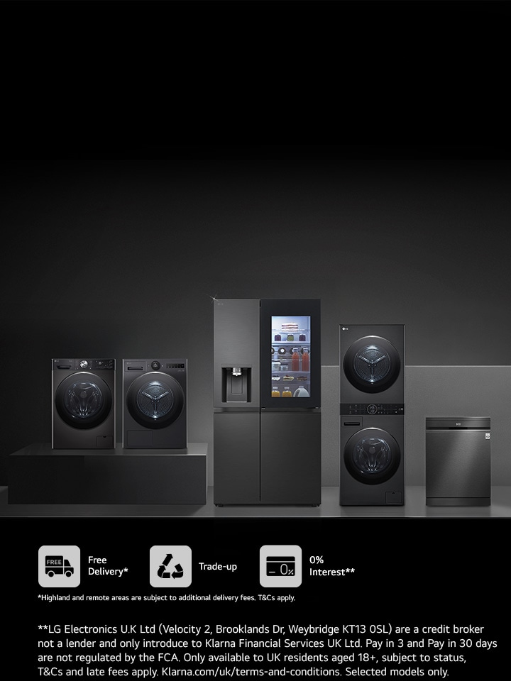 a line up of black lg appliances on a dark moody background with a promotional copy and offer to save when you trade up your old appliance