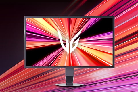 LG UltraGear gaming monitor with 1000Hz refresh rate display, shown from front and rear against a dynamic red and pink light-streak background.