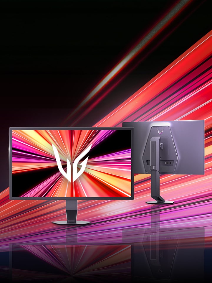 LG UltraGear gaming monitor with 1000Hz refresh rate display, shown from front and rear against a dynamic red and pink light-streak background.