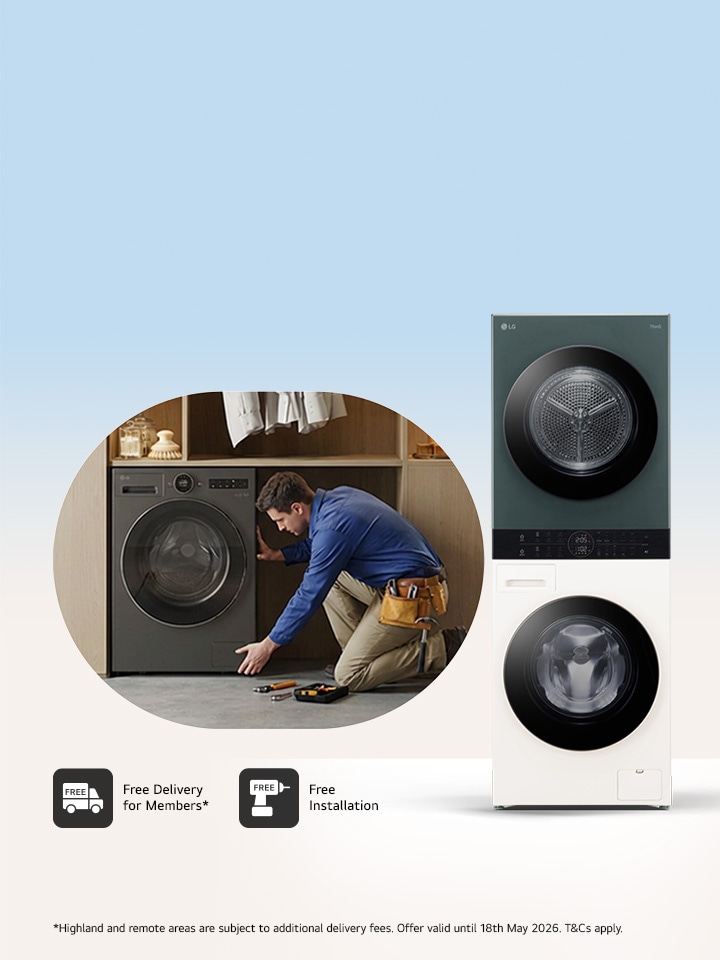 LG WashTower in green above and white models below, with a professional installer fitting a washing machine in a dressing room on a light blue background