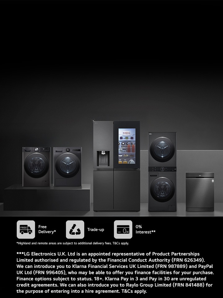LG Black Edition home appliances including washing machine, tumble dryer, InstaView fridge freezer, WashTower and dishwasher with trade-up savings and finance offers