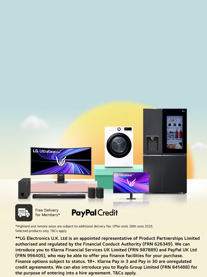 a selection of lg products from left; lg speaker, lg monitor, lg soundbar, lg washing machine, lg ultragear monitor, lg fridge freezer over a animated graphic of the sun with summer saving message to the left of the image