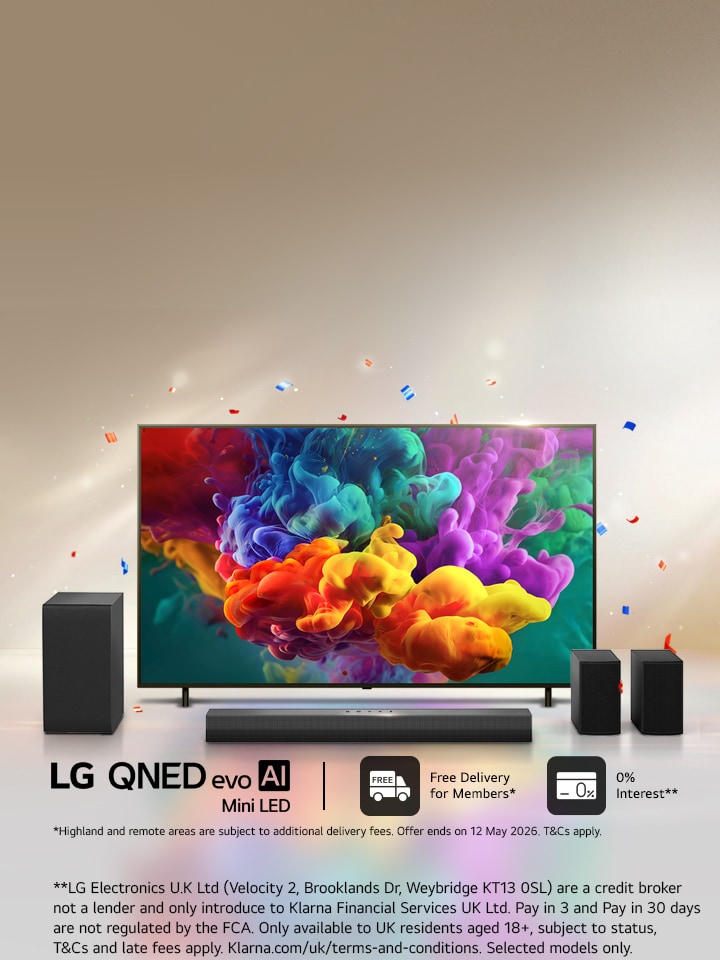 LG QNED 2026 large-screen TV displaying vivid colours, alongside LG soundbars and speakers on a light background