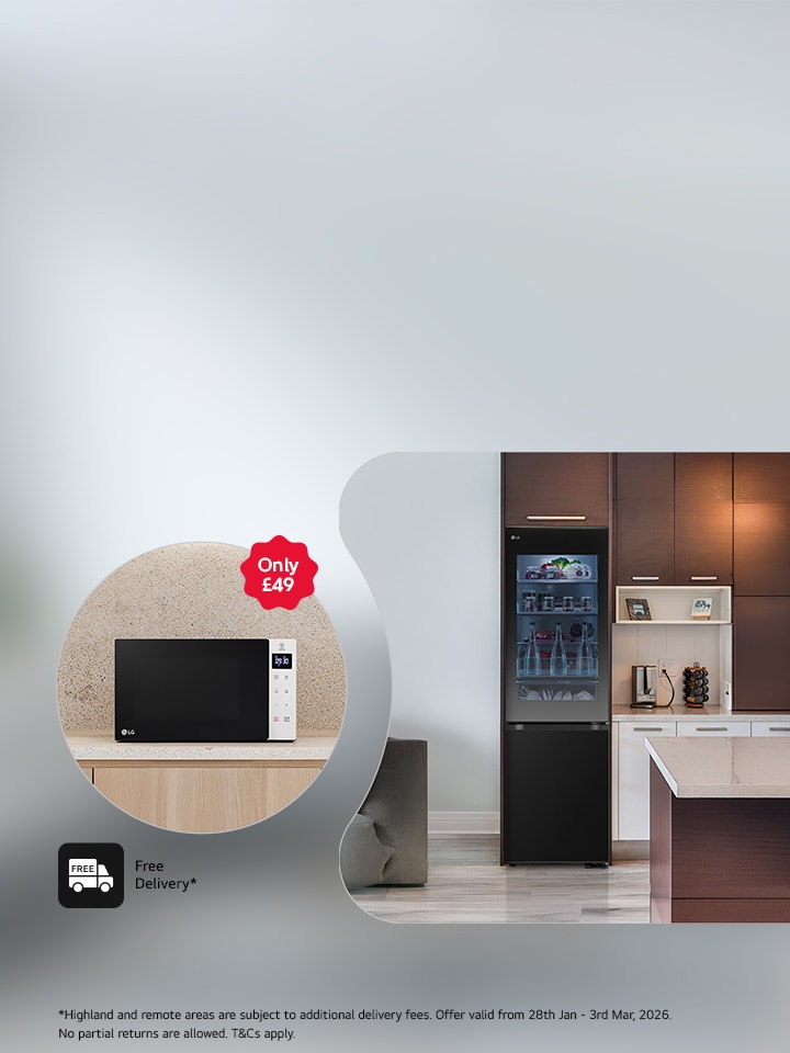 LG Microwave on a light pedestal with two black lg fridge freezers to the right with a light projecting at the centre of the background., inclusive of a promotional message to purchase a microwave at £49 and free delivery