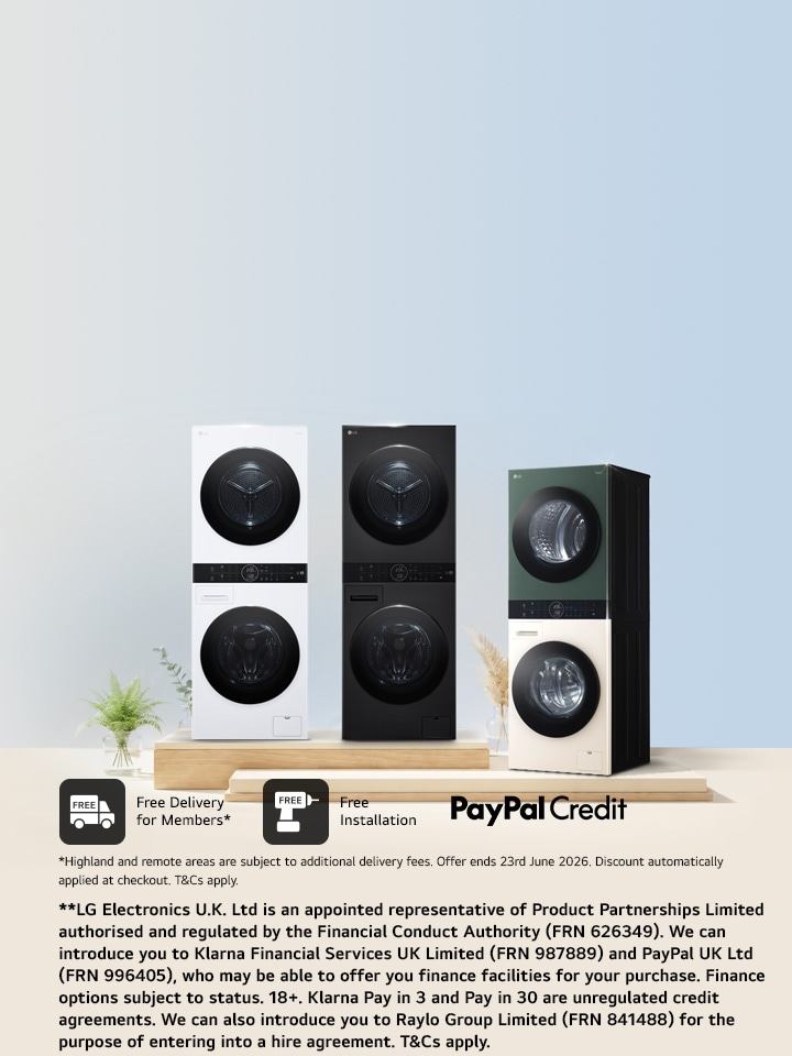 LG WashTower in white, black, green and beige colours on natural background with blue colour at the back with free installation message