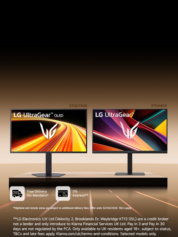 2 LG UltraGear OLED montiors on the podium featuring LED light in the background with productivity software being displayed