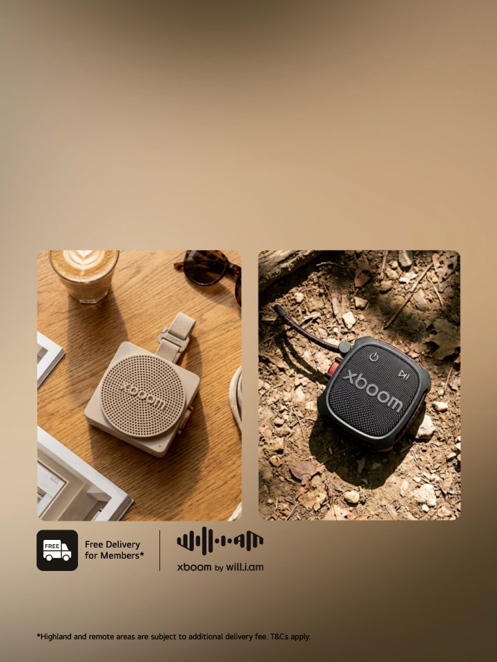 LG xboom Mini & Rock side by side on an earth tone background in four tiles sound that mvoes with you