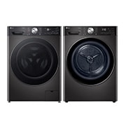 Front view of BIG In™ Steam Washing Machine 13kg, Energy Efficient, Platinum Black F4Y913BCTA1.10kg with Dual Inverter Heat Pump™ Tumble Dryer, Black Steel,FDV1110B