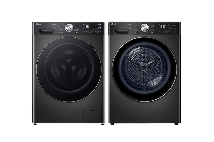 Front view of BIG In™ Steam Washing Machine 13kg, Energy Efficient, Platinum Black F4Y913BCTA1.10kg with Dual Inverter Heat Pump™ Tumble Dryer, Black Steel,FDV1110B