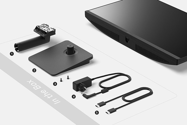 Stand body, Stand base, Screw, Adapter+Power code and HDMI cable in the box.	