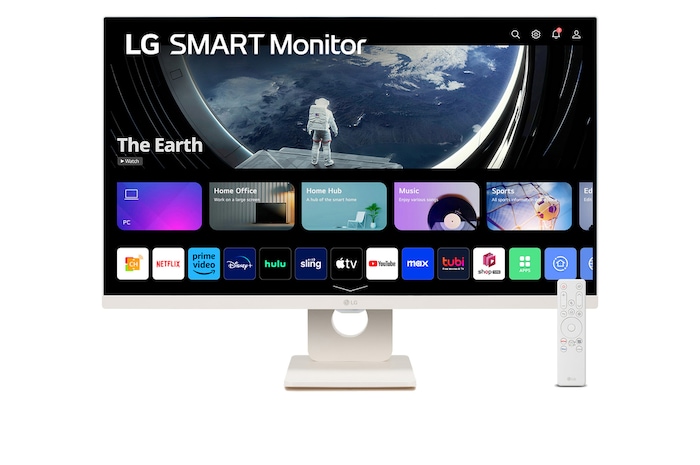 Front view of 27" LG Smart Monitor, Full HD IPS display, webOS, LG ThinQ, Screen Share, Bluetooth, White. (27SR50F)