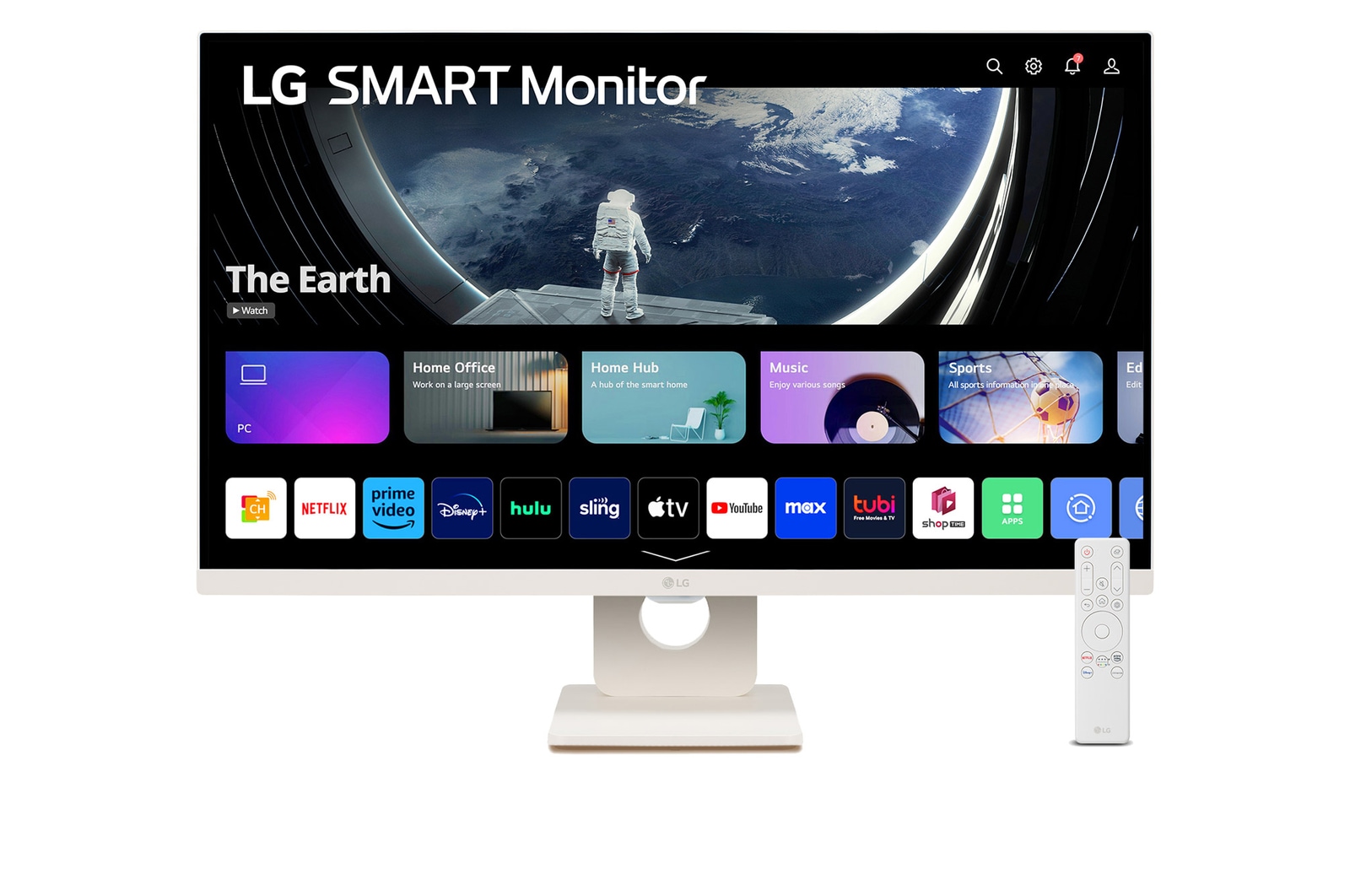 Front view of 27" LG Smart Monitor, Full HD IPS display, webOS, LG ThinQ, Screen Share, Bluetooth, White. (27SR50F)