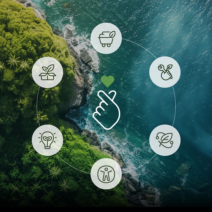An LG hand-heart symbol in the middle surrounded by eco-icons forming a circle around it placed over a coastal image depicting green coast and ocean waters