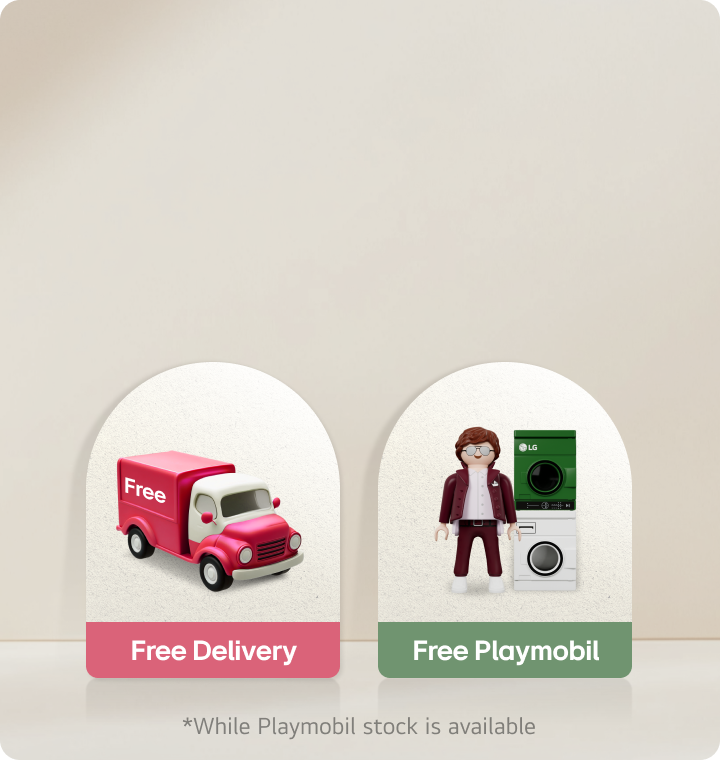 Free delivery for LG members only! There are two half-circle shaped sandwich boards placed. The left board features the words 'Free Delivery' with an image of a truck, while the right board has 'Free Playmobil' with an image of a washing machine and a set of Playmobil toys.