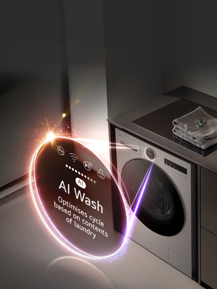 In the room, the LCD display panel on the LG washing machine is enlarged and glowing brightly. It reads 'AI Wash, Optimized cycles based on contents of laundry'.