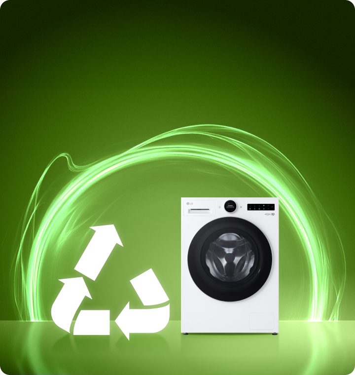 An image of green circular electricity flowing is laid out in the background, with a 'Trade up' icon and a white LG washing machine placed in the foreground