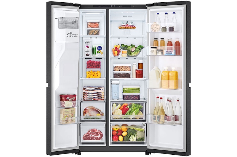 LG 641L NatureFRESH American Style Fridge Freezer, Essence Matte Black, GSLC41EPPE, Door Open