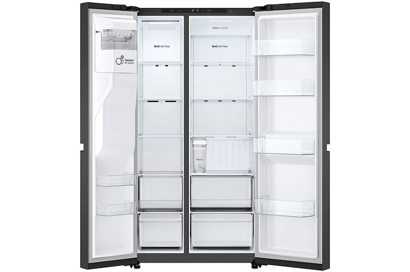 LG 641L NatureFRESH American Style Fridge Freezer, Essence Matte Black, GSLC41EPPE, Door Open
