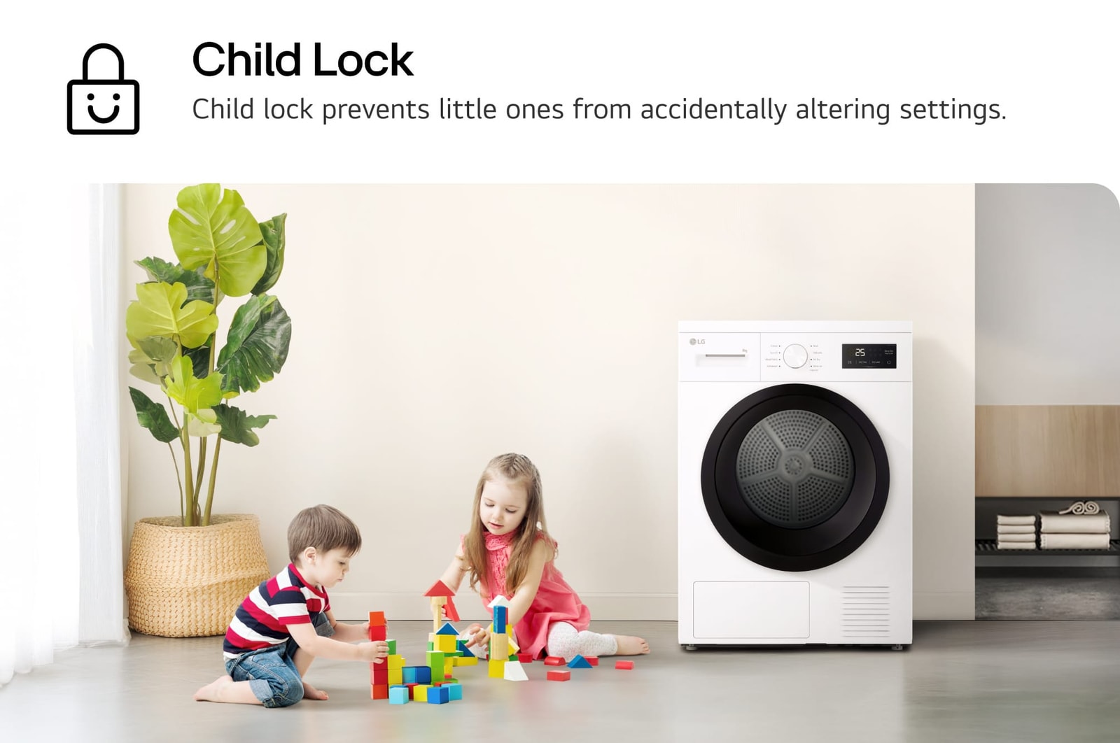 image of two children playing with colorful blocks near a washer. Text read: 'Child Lock': Child Lock prevents little ones from accidentally altering settings.