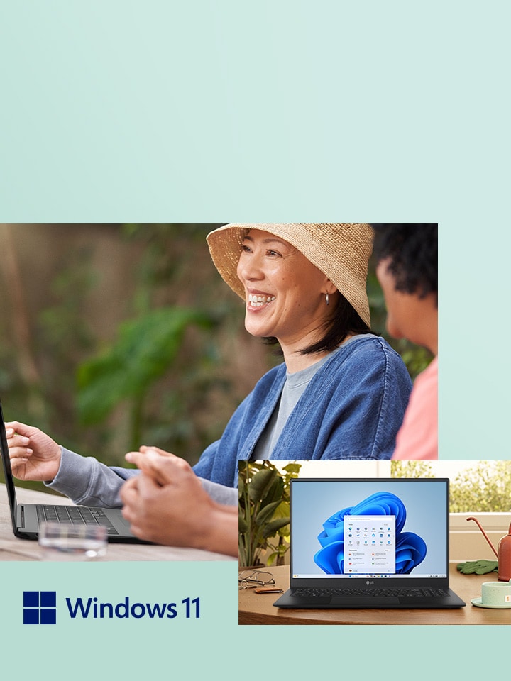 LG gram with Windows 11. There are two women in front of an LG gram.	