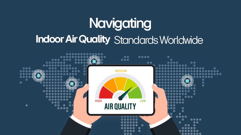 Navigating indoor air quality standards worldwide with an illustration of a tablet displaying air quality levels from high to low.