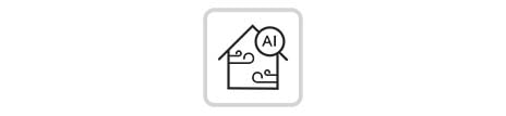 A black-outlined house receiving airflow from multiple directions, with a magnifier engraved with the word "AI".