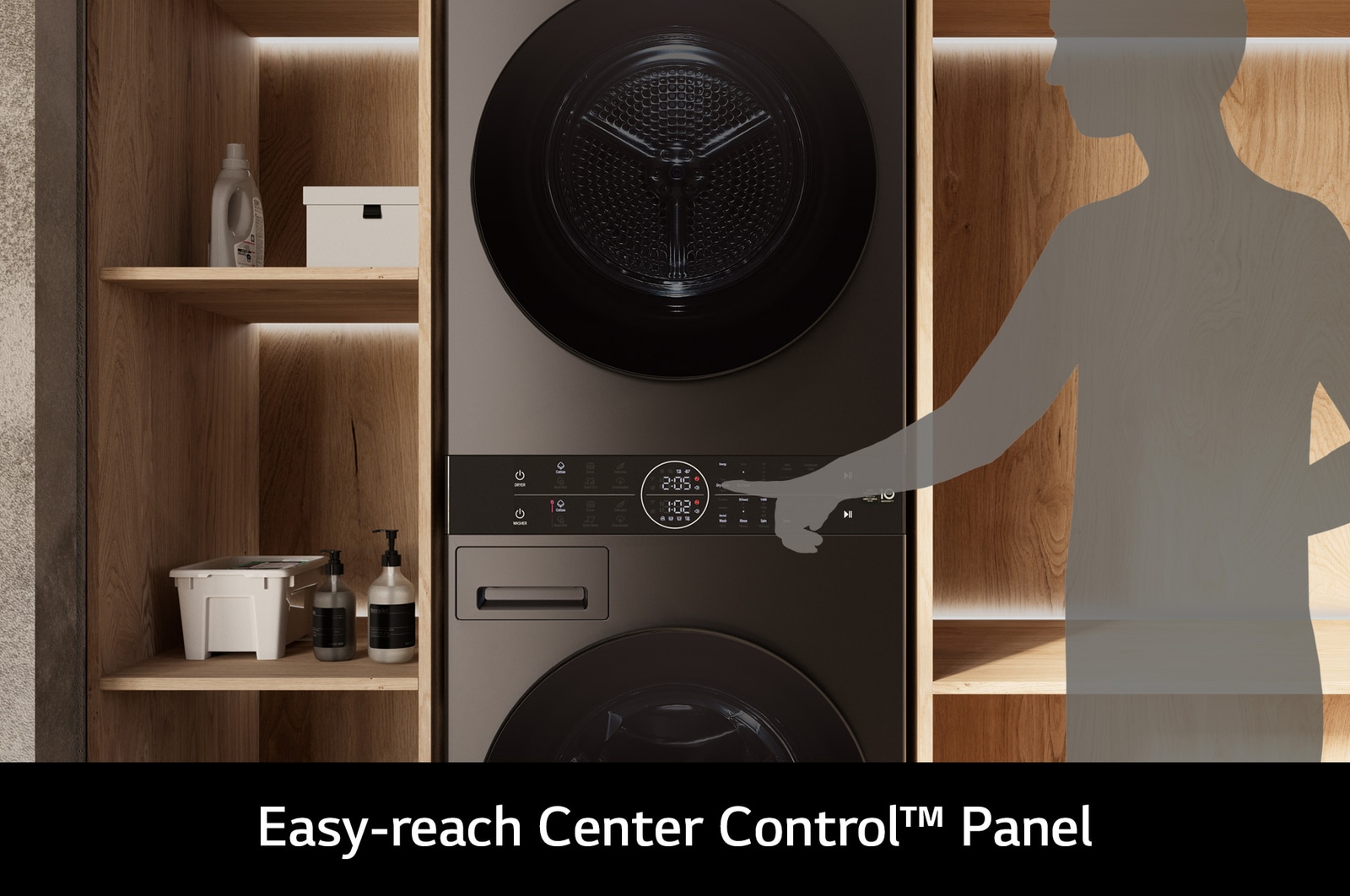 The LG WashTower WT1210BBTN1 in black, highlighting the all-in-one Center Control panel which is conveniently located for easy access.