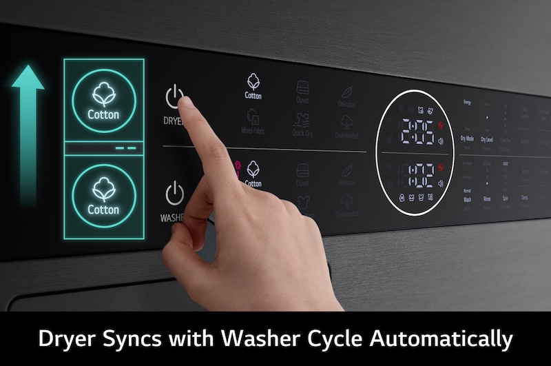 Close-up of the LG WashTower WT1210BBTN1's Smart Pairing feature, showing how it automatically syncs the dryer cycle to the selected wash cycle.